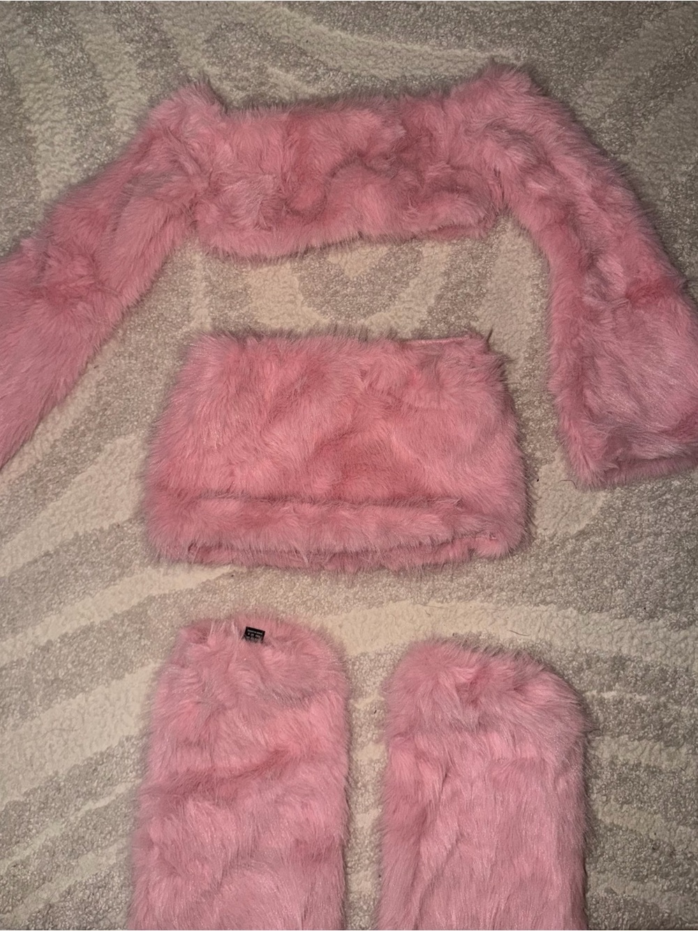 Pink Faux Fur 4-Piece Festival Set | Off-Shoulder Top, Mini Skirt & Leg Warmers